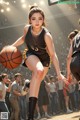 A woman in a black and yellow uniform holding a basketball.